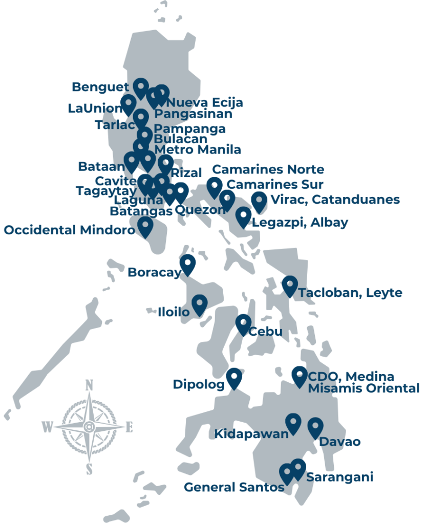 Map showing SiteDev Solutions OPC engineering project locations across the Philippines